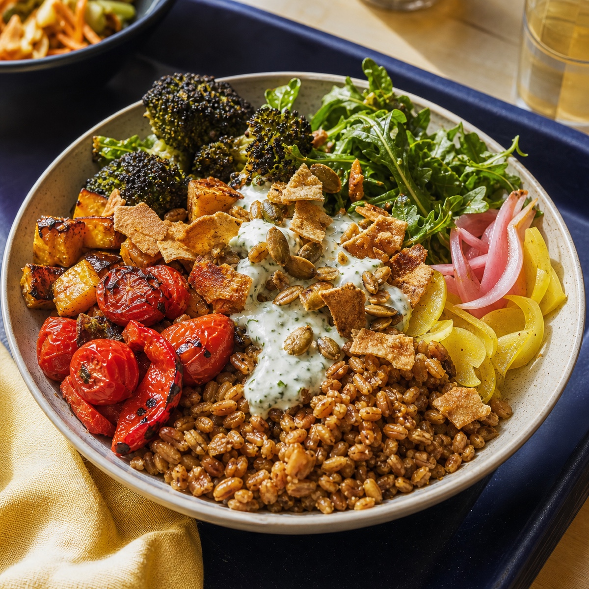 A colorful grain bowl prepared for a campus dining meal