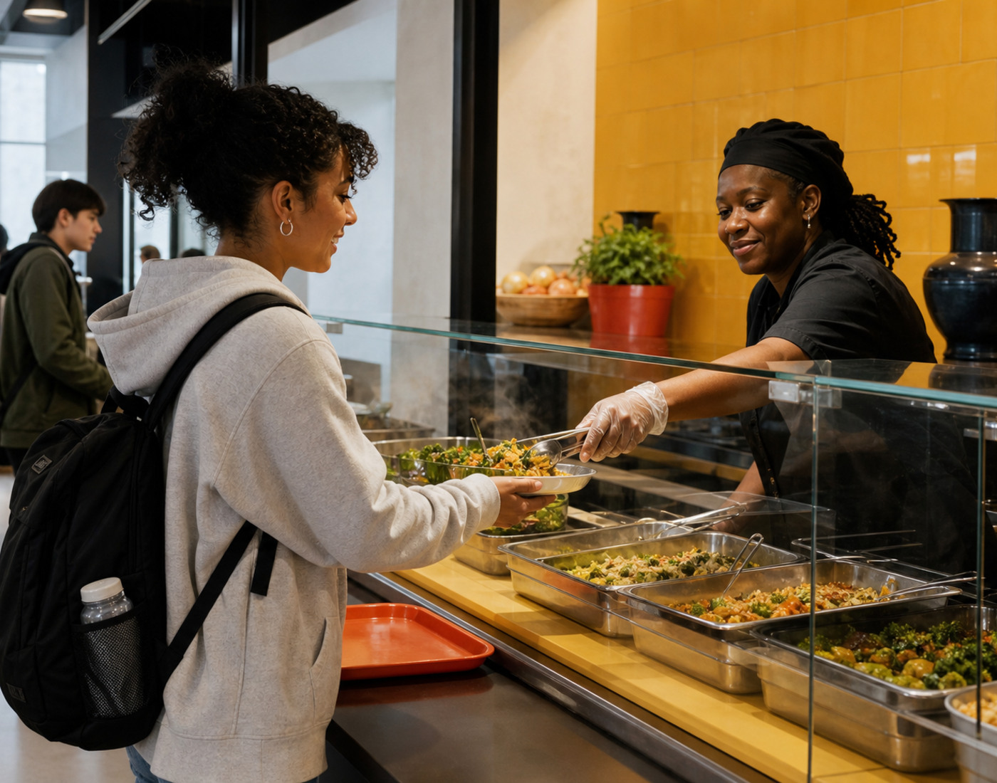 A student selecting fresh food in a university dining service line